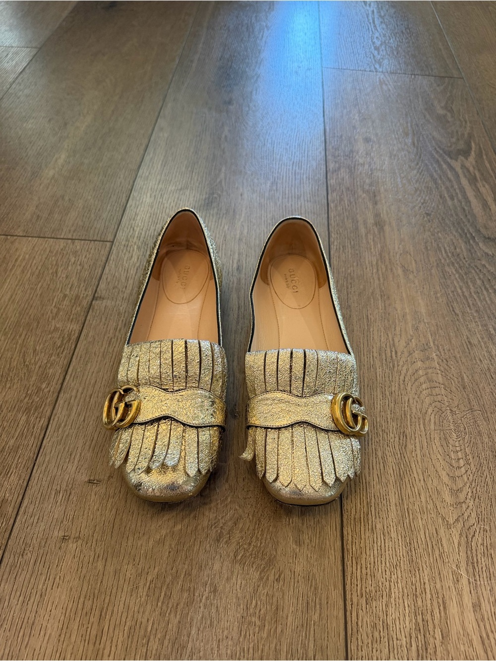 Gucci Marmont Gold Fringe Flats Loafers with Double G